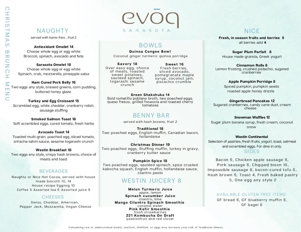 Christmas Day Brunch and Dinner Evoq Restaurant Westin Sarasota